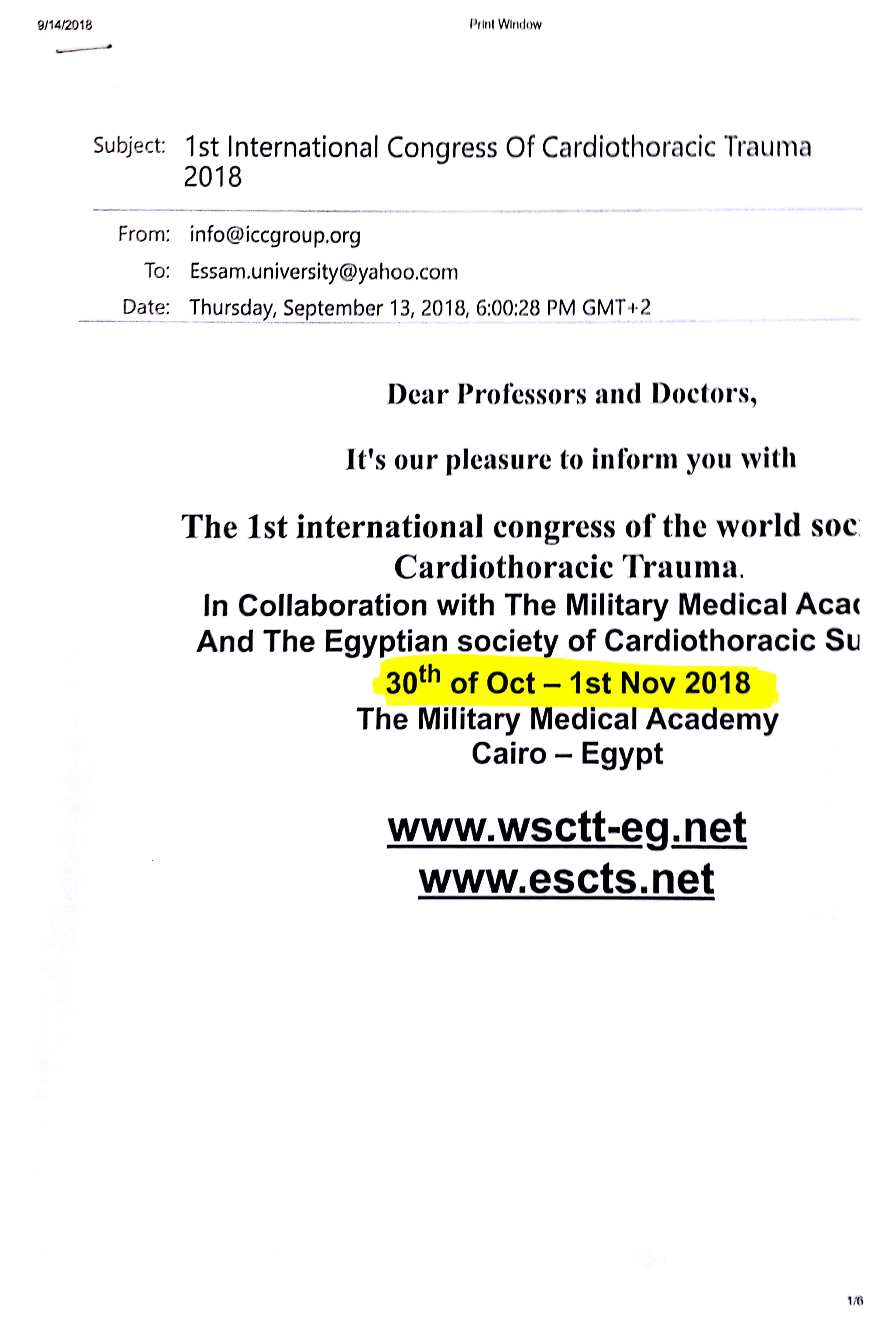 The first international conference of the world society of Cardiothoracic trauma
